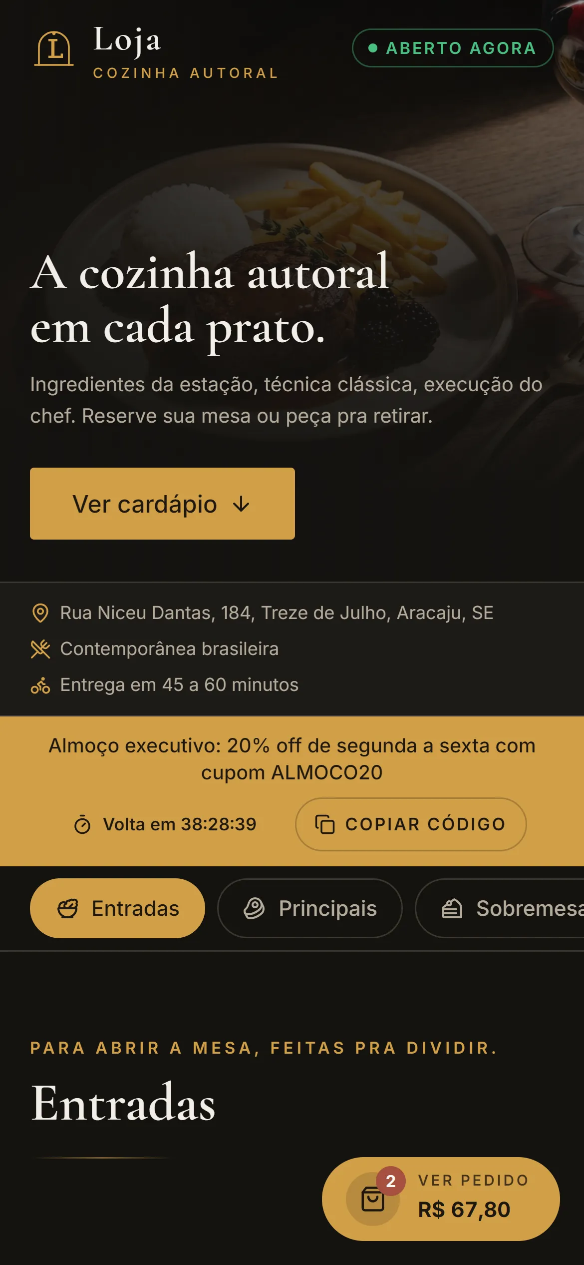 Cardápio no celular, com banner, status Aberto agora e botão Ver cardápio.