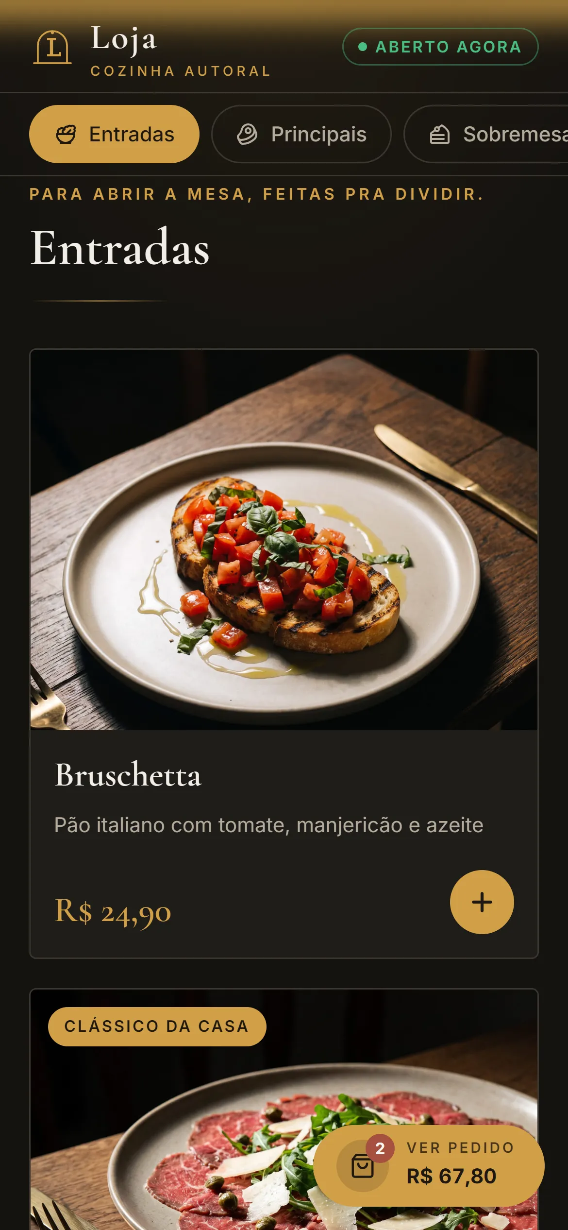 Entradas no celular, com o botão flutuante Ver pedido mostrando o total.