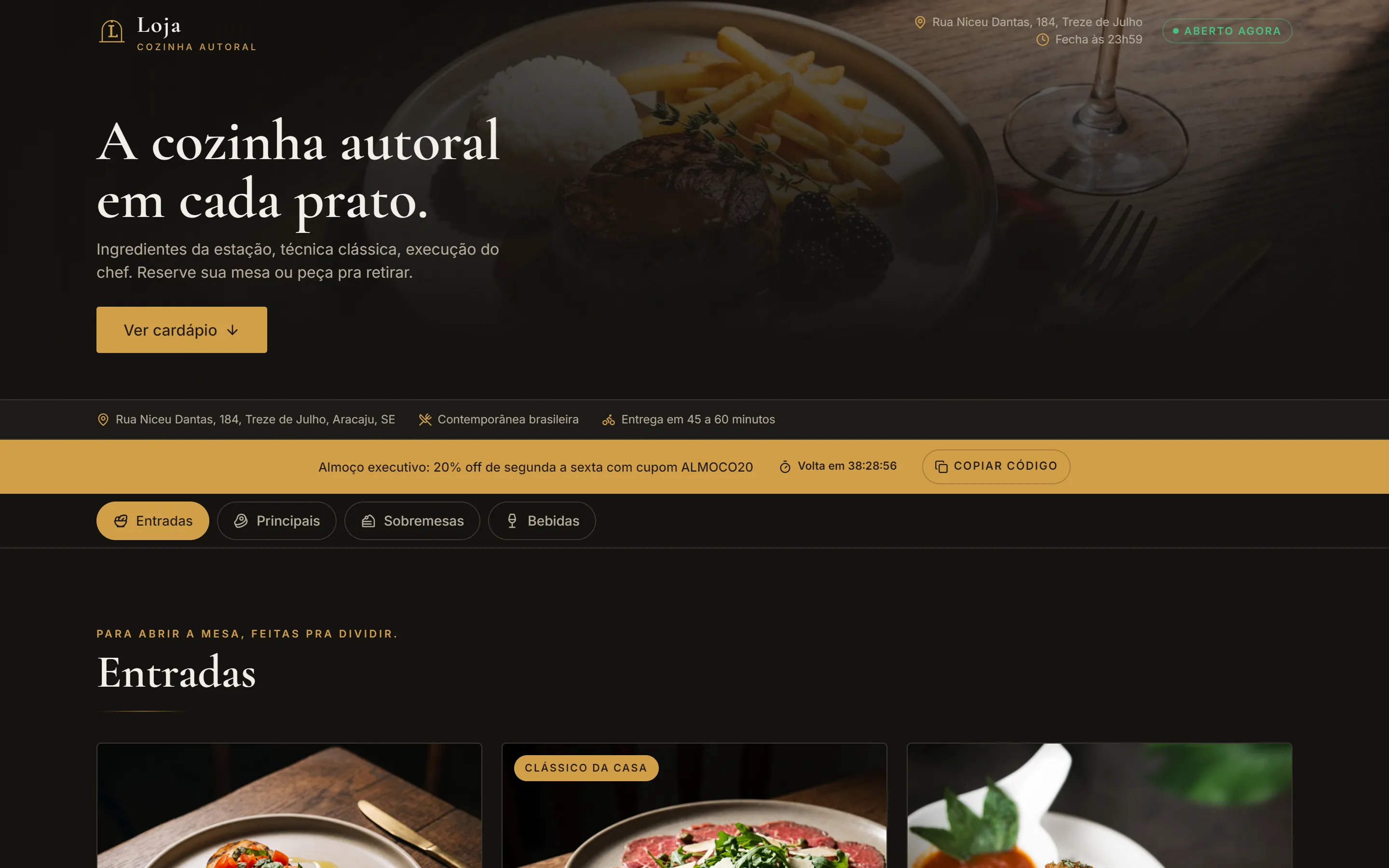 Loja Cozinha Autoral: Página inicial do cardápio, com banner, endereço e faixa do cupom ALMOCO20.