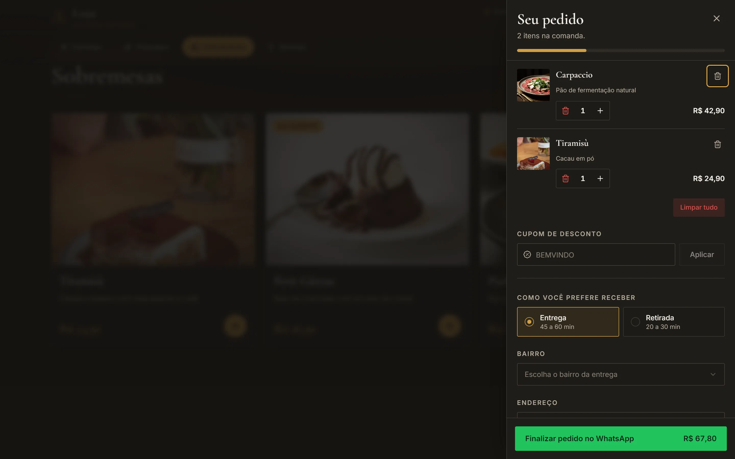 Loja Cozinha Autoral: Painel lateral do pedido com dois itens, cupom, forma de entrega e botão Finalizar pedido no WhatsApp.