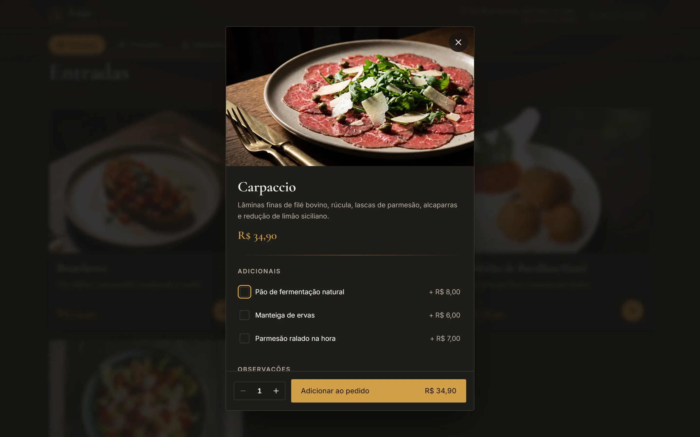 Loja Cozinha Autoral: Janela do Carpaccio com adicionais, observação e botão Adicionar ao pedido.